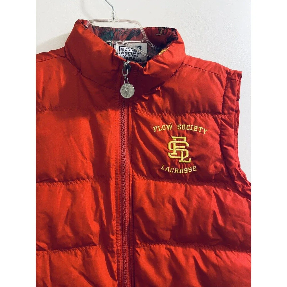 Flow Society Lacrosse Puffer Vest Boys Youth Size L Red Yellow Monkeys Graphics